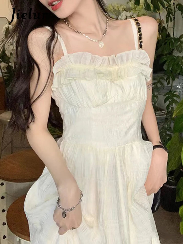 Ruffles Spaghetti Strap Slim Apricot Women's Dresses Sleeveless Slash Neck Solid Color Elegant Summer Female Maxi Dress