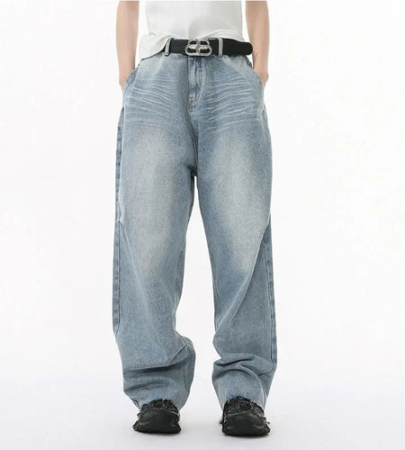 Men's Jeans Solid Color Design Personalized Pleated Casual Curved Knife Fashion Loose Washed Male Denim Pants Summer 9W1587