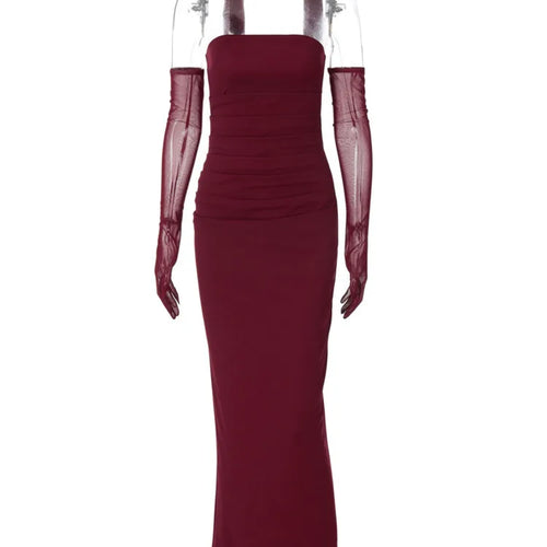 Load image into Gallery viewer, Strapless Backless Sexy Maxi Dress For Women Burgundy Mesh Sleeve Off-shoulder Bodycon Club Party Evening Long Dress
