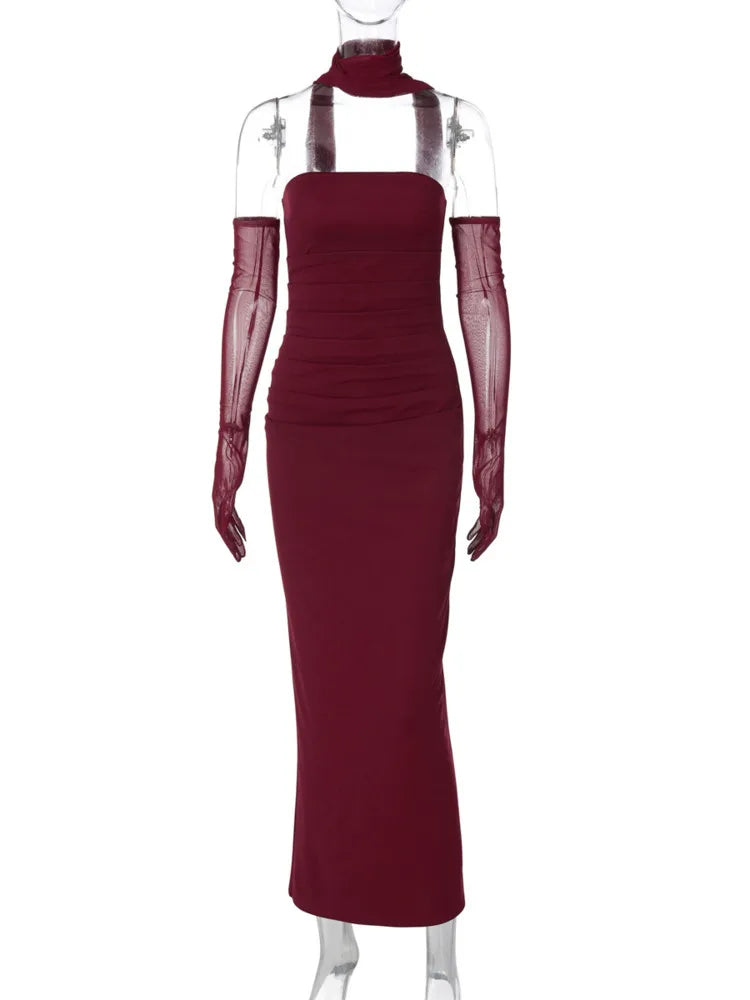 Strapless Backless Sexy Maxi Dress For Women Burgundy Mesh Sleeve Off-shoulder Bodycon Club Party Evening Long Dress