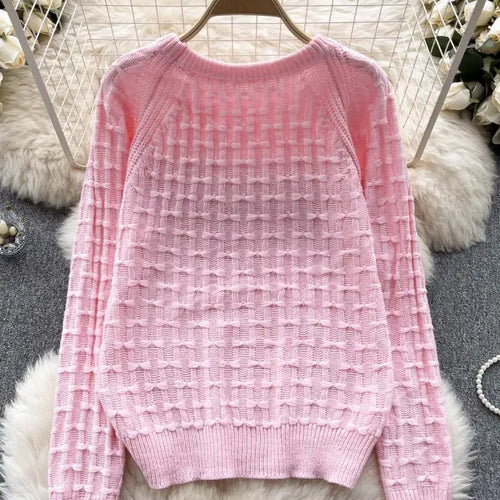 Load image into Gallery viewer, Autumn Winter White Long Sleeved Versatile Button Sweater Vintage Sweet Bow Pink O Neck Knitted Loose Pullover Tops Women Simple
