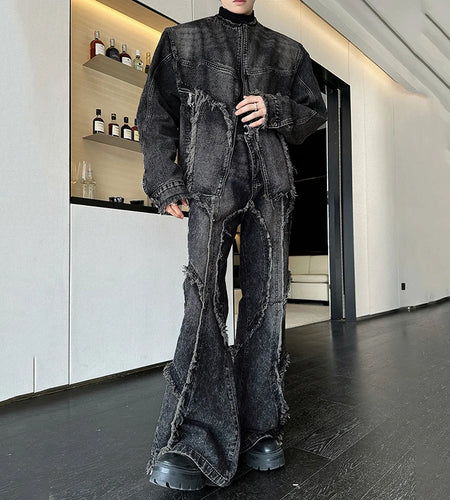 Tie Dye Washed Denim Suit Patchwork Micro Flared Jeans Round Collar Shoulder Pads Jacket 2025 Spring New Fashion 9C8906