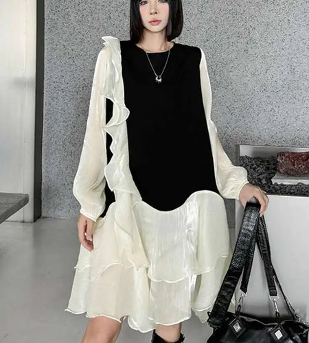 Women Black Ruffles Color-block Big Size Knee-Length Dress New Round Neck Long Sleeve Fashion Spring Autumn 2025 1DH7239
