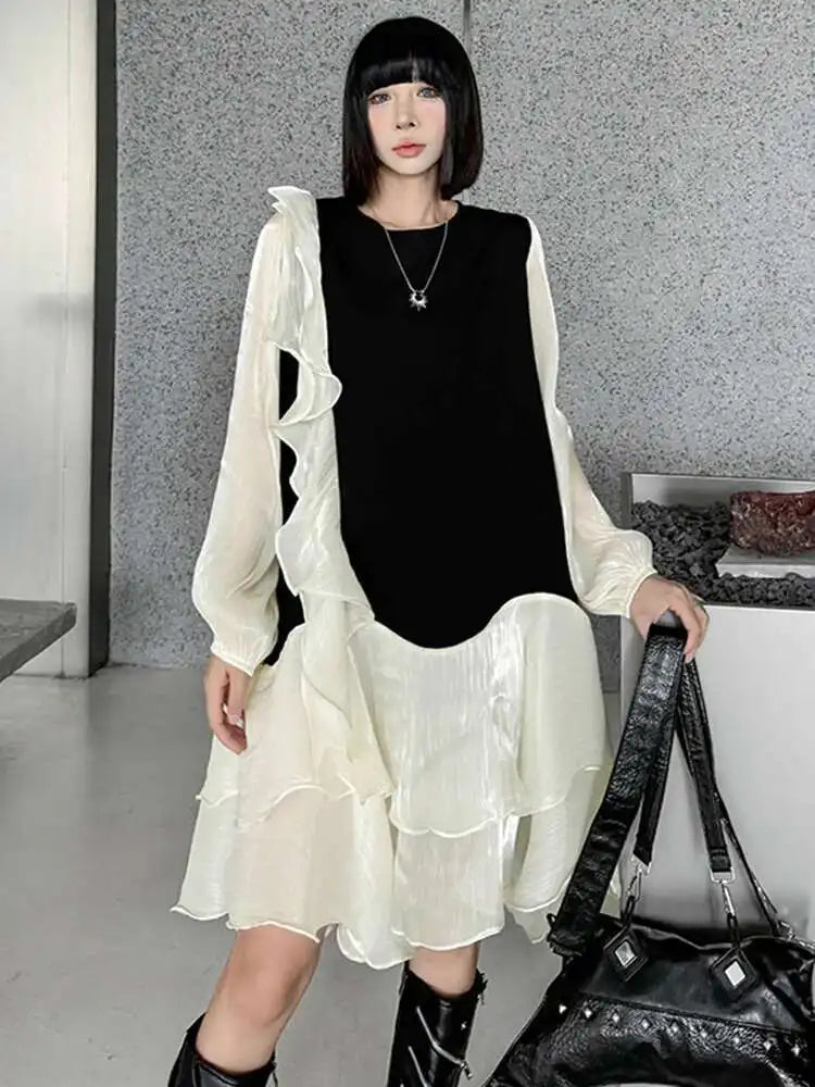 Women Black Ruffles Color-block Big Size Knee-Length Dress New Round Neck Long Sleeve Fashion Spring Autumn 2025 1DH7239
