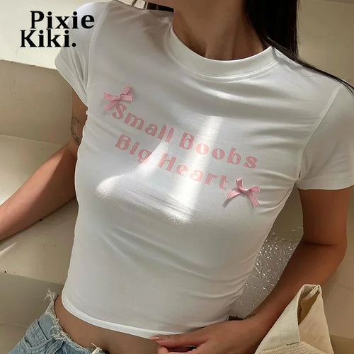 Load image into Gallery viewer, Bow Cute Baby Tee Y2k Letters Print Graphic T Shirts White Short Sleeve Fitted Crop Tops Women Summer Clothes P85-AG10
