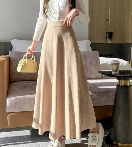 French Fashion Winter Autumn Warm Women Solid Knit Long Skirt Retro Elastic High Waist Ruffle Edge A-line Pleated Skirt 2024 New