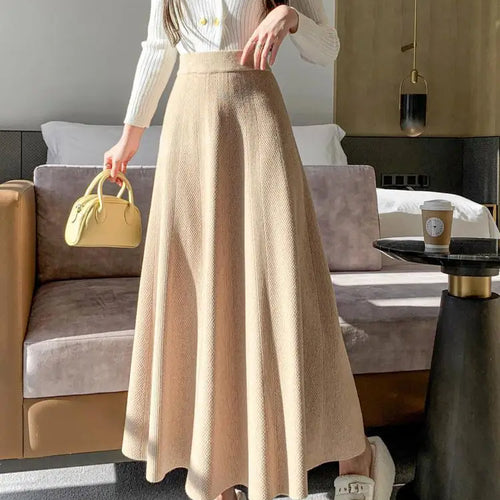 Load image into Gallery viewer, French Fashion Winter Autumn Warm Women Solid Knit Long Skirt Retro Elastic High Waist Ruffle Edge A-line Pleated Skirt 2024 New
