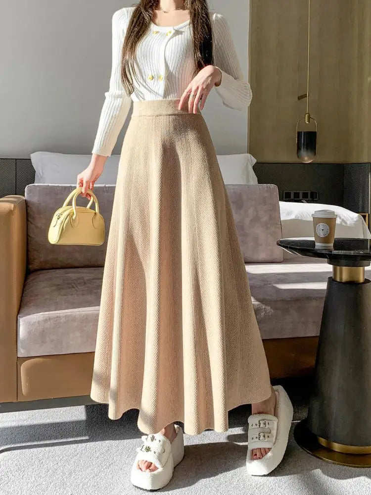 French Fashion Winter Autumn Warm Women Solid Knit Long Skirt Retro Elastic High Waist Ruffle Edge A-line Pleated Skirt 2024 New