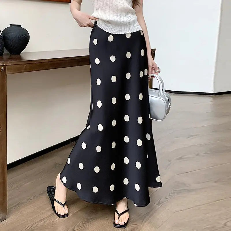 Spring Summer Women Black Beige Polka Dot Elegant Fishtail Long Skirt Korean Fashion High Waist Vacation Wrapped Hip Skirt Trend