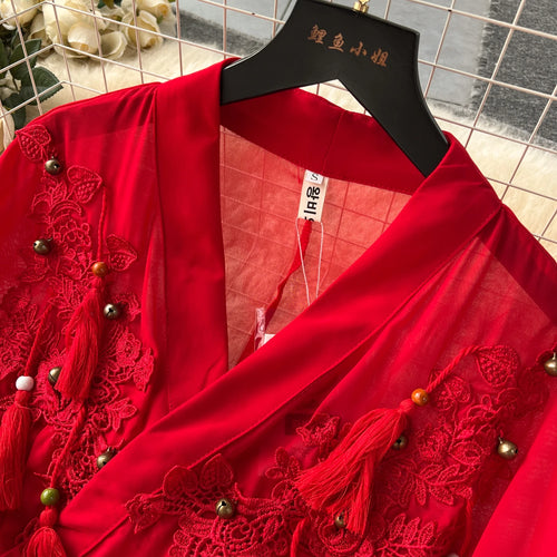 Load image into Gallery viewer, Autumn Red Elegant V-neck Sleeveless Embroidery Tassel Mesh Prom Long Dress Women Vacation Water Sleeve Evening Dresses Vintage
