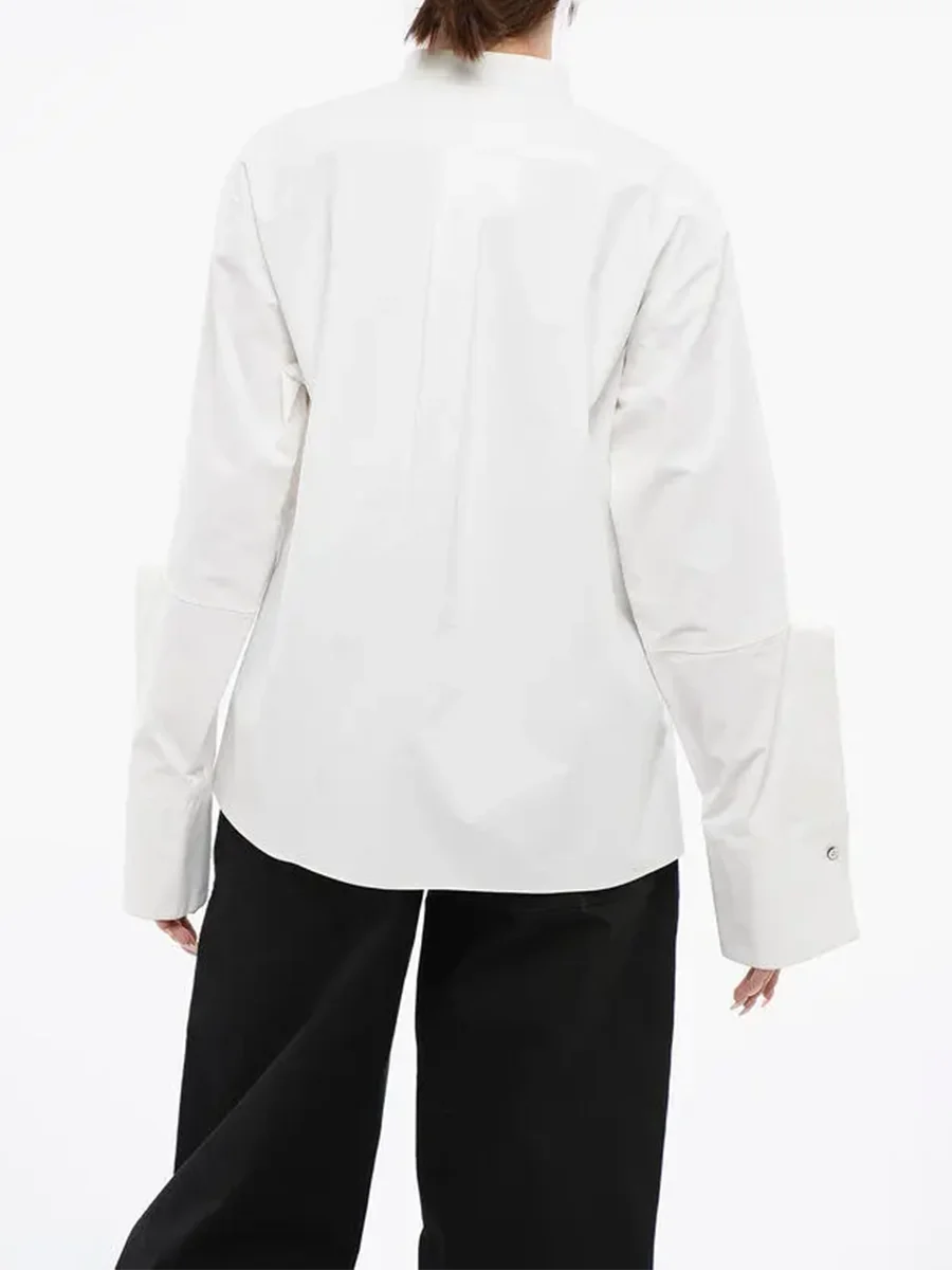 Solid Spliced Single Breasted Basics Shirts for Women Stand Neck Long Sleeves Minimalist Shirt Female Clothing New