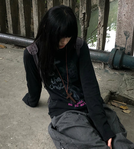 Japanese Y2k Anime Print T-shirt Vintage Harajuku Long Sleeve Tee Shirt 2000s Aesthetics Streetwear American Retro 90s