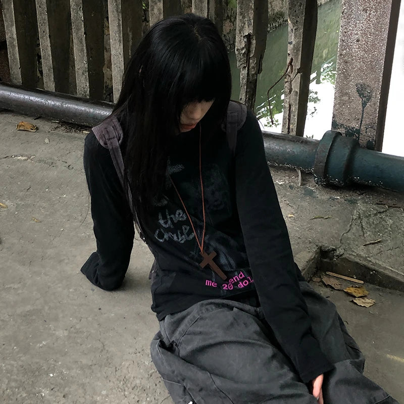 Japanese Y2k Anime Print T-shirt Vintage Harajuku Long Sleeve Tee Shirt 2000s Aesthetics Streetwear American Retro 90s