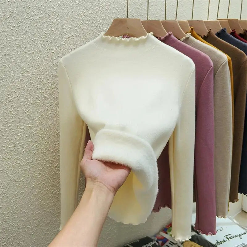 Autumn Winter Korean Solid Half Height Collar Velvet Knit Sweater Women Fashion Warm Long Sleeve Festival Pullovers Tops Casual