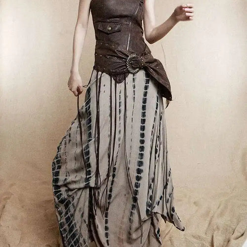 Load image into Gallery viewer, Women Brown Irregular Spliced Tie Dye Vintage Long Strapless Dress New Sleeveless Fashion Tide Spring Autumn 2025 1DH9375
