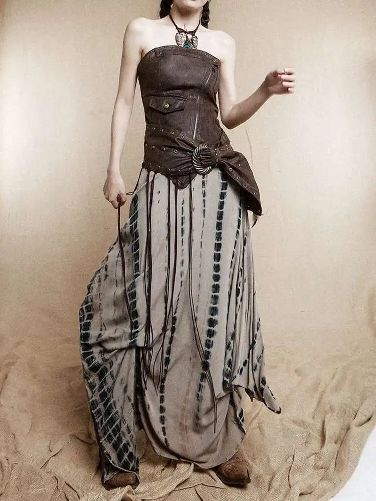 Women Brown Irregular Spliced Tie Dye Vintage Long Strapless Dress New Sleeveless Fashion Tide Spring Autumn 2025 1DH9375