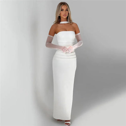 Load image into Gallery viewer, Strapless Backless Sexy Maxi Dress For Women Burgundy Mesh Sleeve Off-shoulder Bodycon Club Party Evening Long Dress
