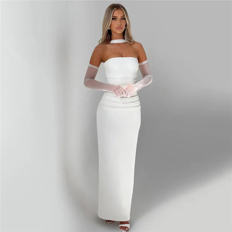 Strapless Backless Sexy Maxi Dress For Women Burgundy Mesh Sleeve Off-shoulder Bodycon Club Party Evening Long Dress