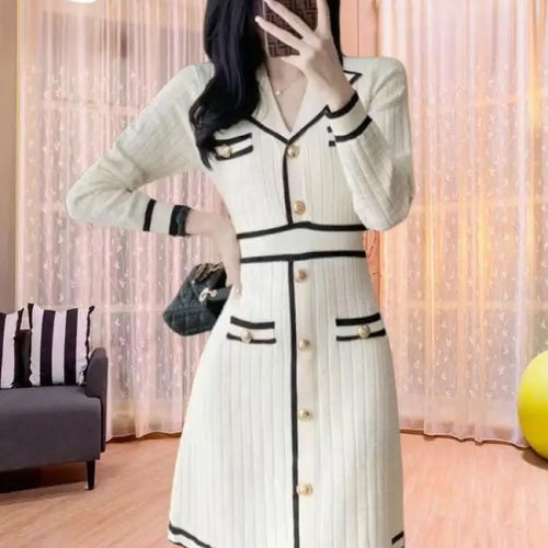 Load image into Gallery viewer, Autumn Winter Black White Patchwork High Wais A-line Knit Dress French Women's New Long Sleeved Slim Single Breasted Short Dress
