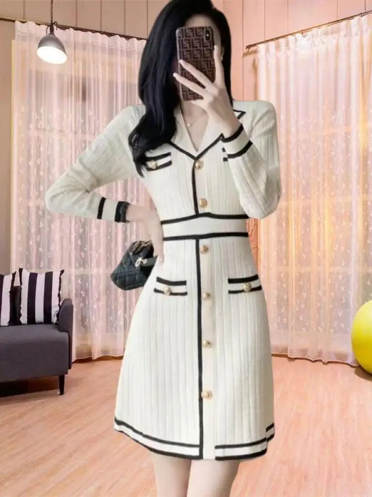 Autumn Winter Black White Patchwork High Wais A-line Knit Dress French Women's New Long Sleeved Slim Single Breasted Short Dress
