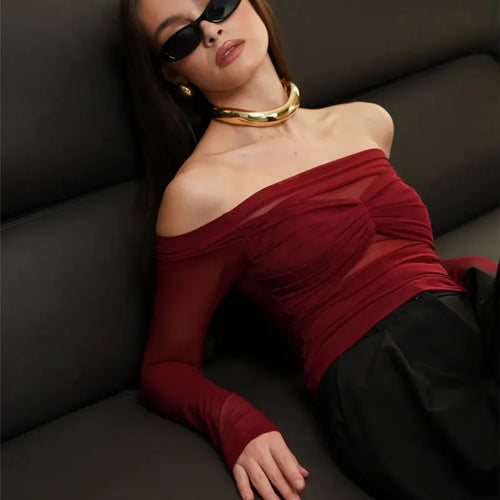 Load image into Gallery viewer, Summer Mesh Off-shoulder T-shirt Women Fashion Pleated Bust Backless Tees Tops Female Elegant Strapless See Through Top
