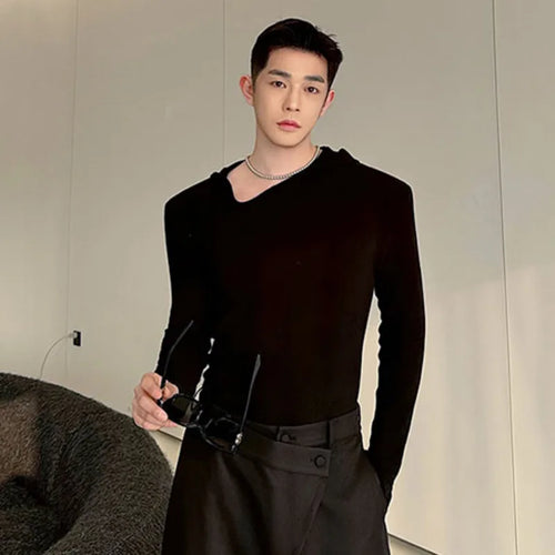 Load image into Gallery viewer, Spring Menwear Male T-shirt Niche Design Hooded Long Sleeve Top Tight Irregular Slanted Neckline Shoulder Pads 9C5064
