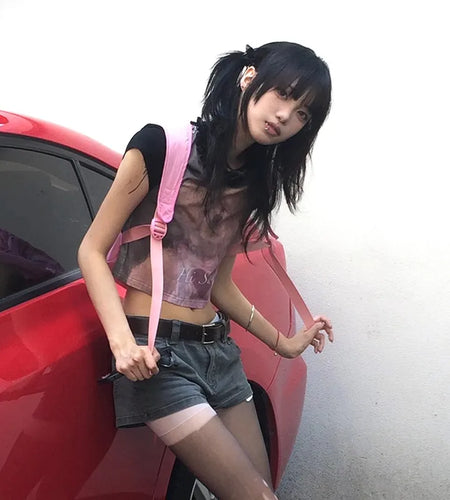 Japanese Y2k Crop Top 2000s Aesthetics Bear Print Short Sleeve T-shirt Vintage Harajuku Lace Patchwork Tee Shirt Lolita