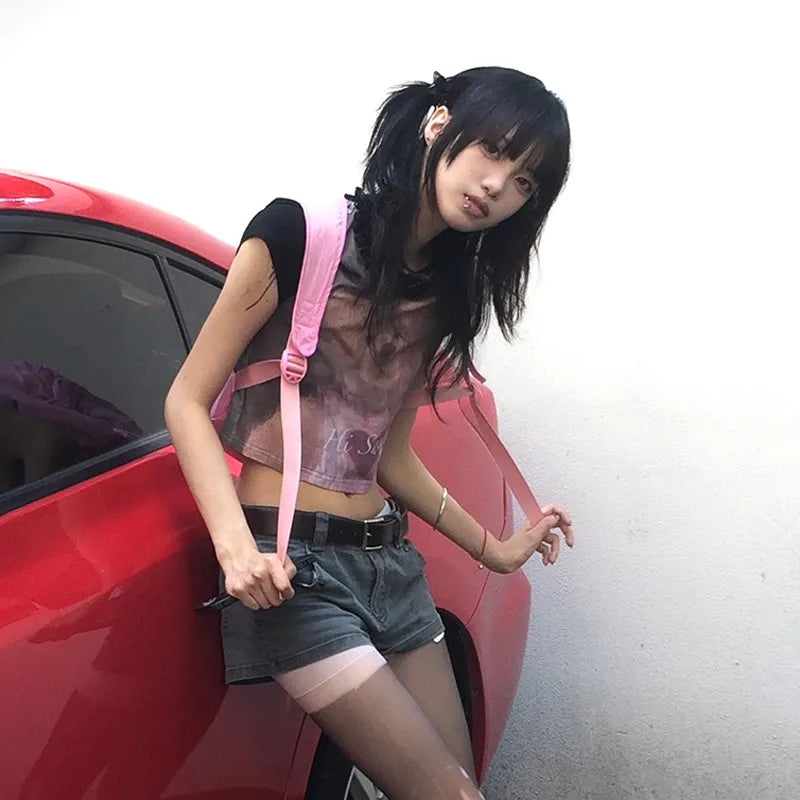 Japanese Y2k Crop Top 2000s Aesthetics Bear Print Short Sleeve T-shirt Vintage Harajuku Lace Patchwork Tee Shirt Lolita