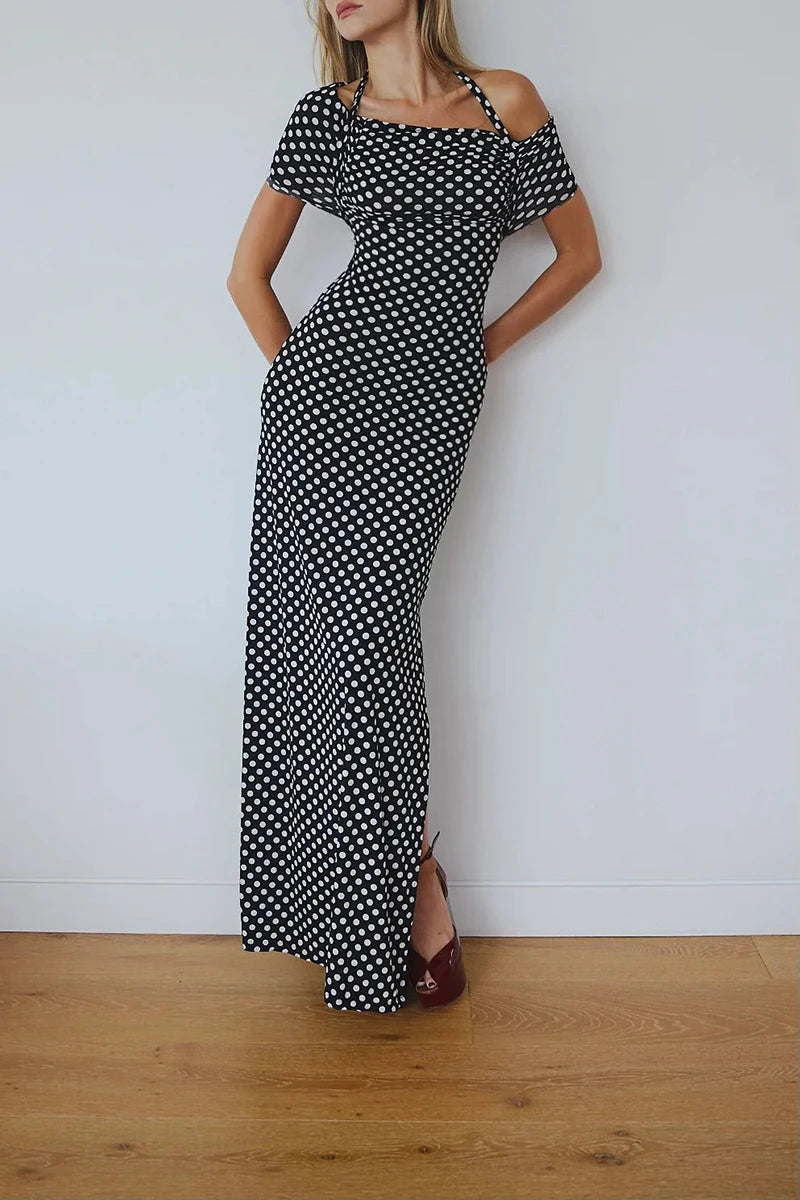 Off-shoulder Polka Dot Maxi Dress For Women Gown Fashion Halter Sleeveless Backless bodycon Split Long Dress Elegant