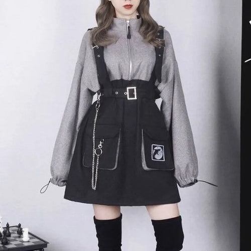 Load image into Gallery viewer, Gothic Punk Mini Dress Women Streetwear Spring Fashion Goth Harajuku Dress 2021 Egirl Long Sleeve Korean Style Kpop
