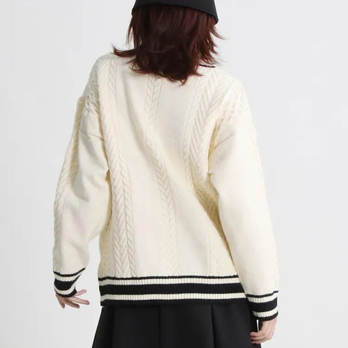 Load image into Gallery viewer, Patchwork Colorblock Knitting Sweater For Women Peter Pan Collar Long Sleeve Single Breasted Cardigan Female Style
