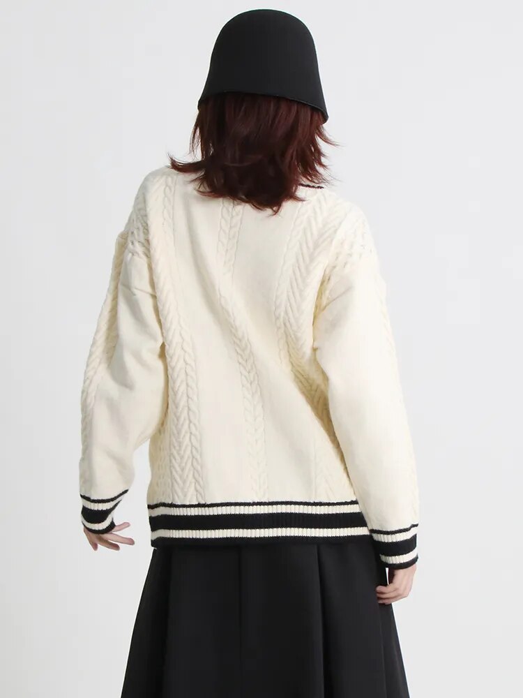 Patchwork Colorblock Knitting Sweater For Women Peter Pan Collar Long Sleeve Single Breasted Cardigan Female Style
