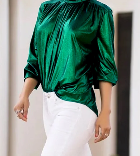 Women Shiny Shirt Blouse 2025 Spring Summer Three-quarter Sleeves High-neck Casual Green Black Tee Shirt Tops for Lady