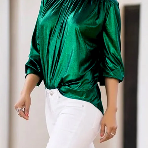 Load image into Gallery viewer, Women Shiny Shirt Blouse 2025 Spring Summer Three-quarter Sleeves High-neck Casual Green Black Tee Shirt Tops for Lady
