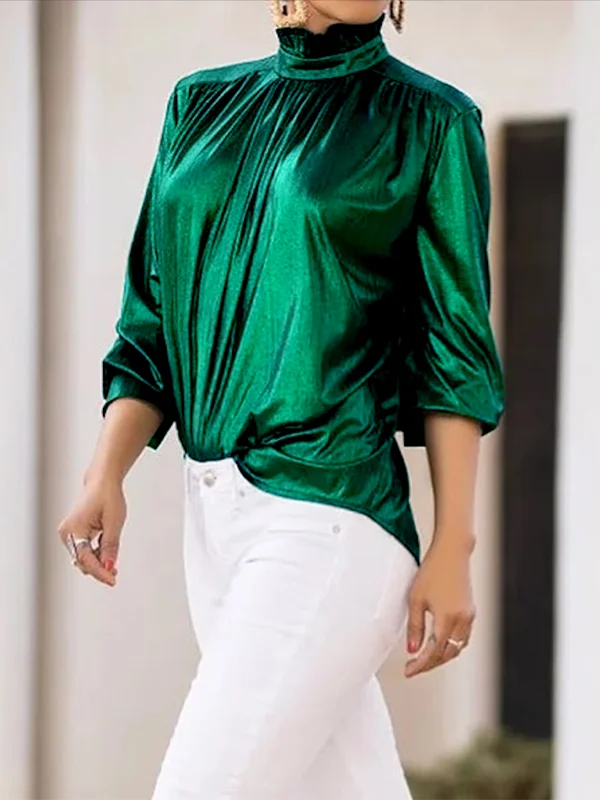 Women Shiny Shirt Blouse 2025 Spring Summer Three-quarter Sleeves High-neck Casual Green Black Tee Shirt Tops for Lady