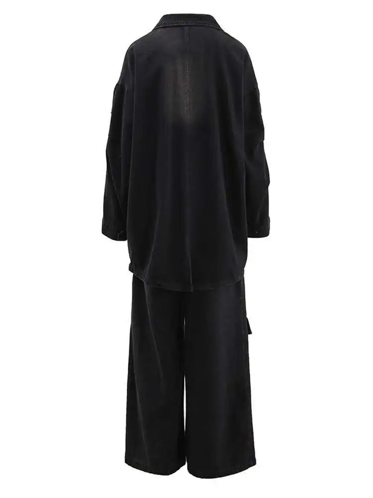 Big Size Denim  Jacket Wide Leg Pants Two Piece Suit New Lapel Long Sleeve Women Fashion Tide Spring Autumn 2025 CPG1716