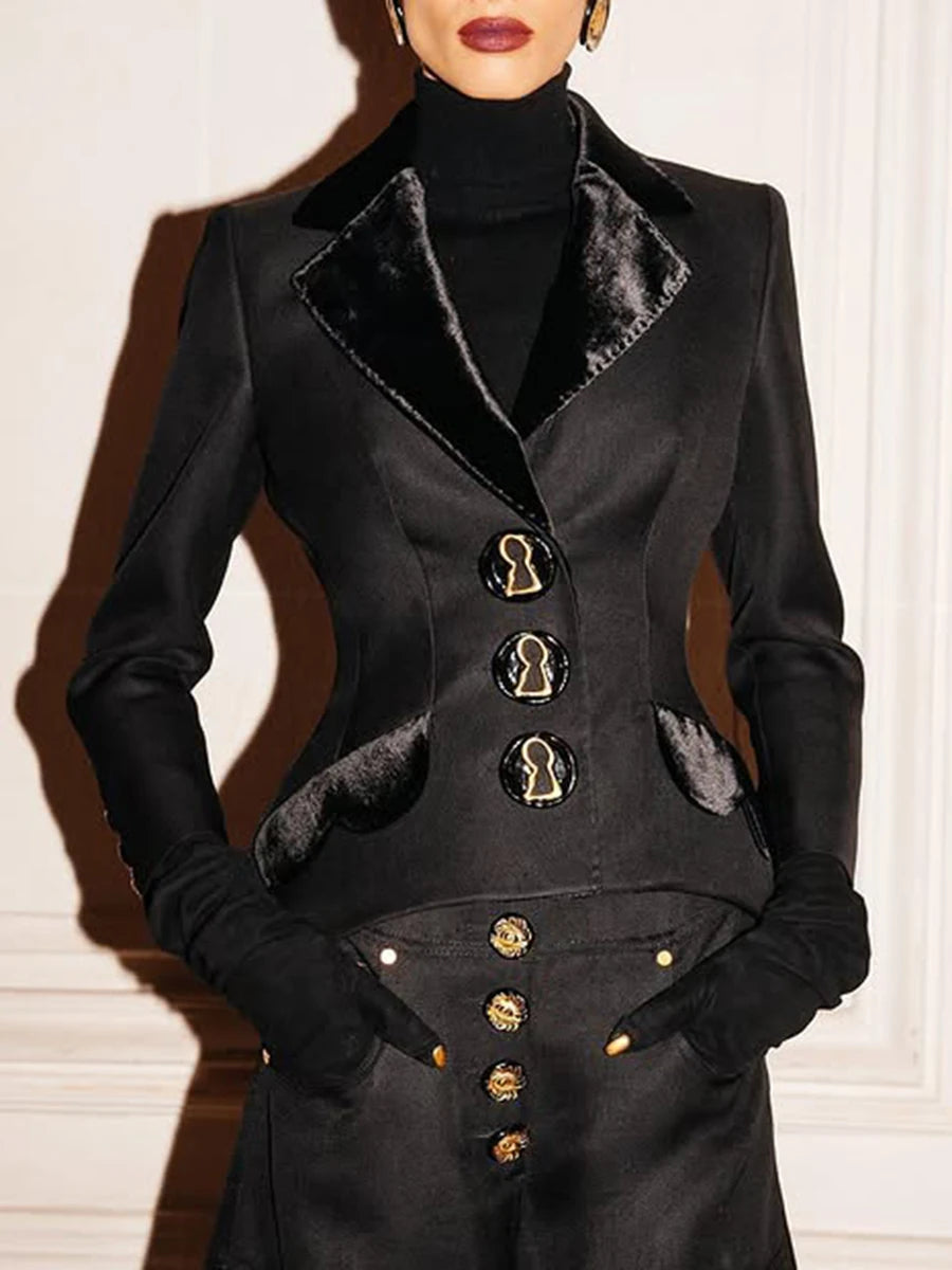 Solid Spliced Buttons Two Piece Sets for Women Lapel Long Sleves Jacket High Waist Wide Leg Pant Fashion Set Female