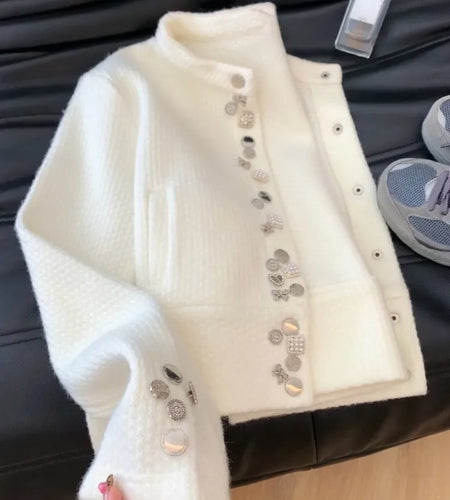 Autumn Diamond Button Y2k Aesthetic Cardigans Streetwear Solid Grunge Casual Loose Coats Women Sweet Knitted Simple Sweaters