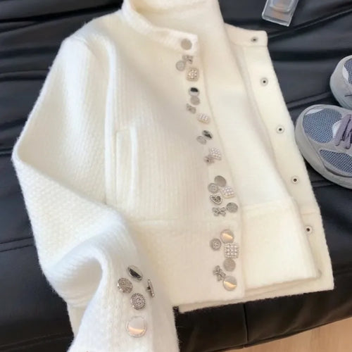 Load image into Gallery viewer, Autumn Diamond Button Y2k Aesthetic Cardigans Streetwear Solid Grunge Casual Loose Coats Women Sweet Knitted Simple Sweaters
