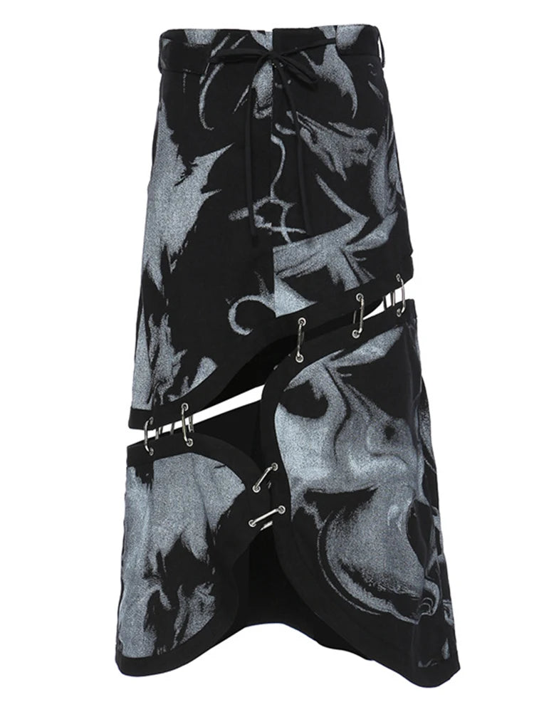 High Waist Black Detachable Irregular Printed Denim Half-body Skirt Women Fashion Tide New Spring Autumn 2025 1DH4523