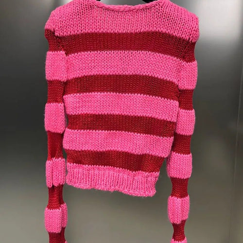 Load image into Gallery viewer, Casual Striped Sweaters For Women Round Neck Long Sleeve Hollow Out Slimming Knitting Sweater Female Fashion
