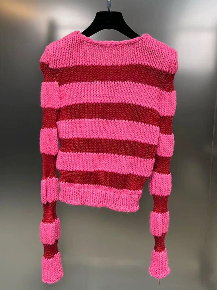 Casual Striped Sweaters For Women Round Neck Long Sleeve Hollow Out Slimming Knitting Sweater Female Fashion