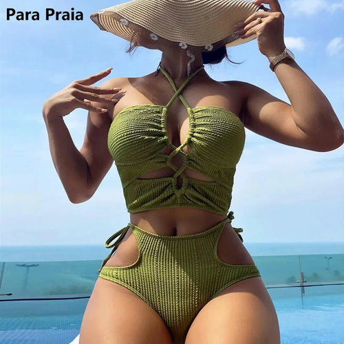 Load image into Gallery viewer, Bandage High Waist Swimsuit 2024 Women Hollow Out Bikini Set Female Swimwear Bandeau Bathing Suit for Women Beachwear
