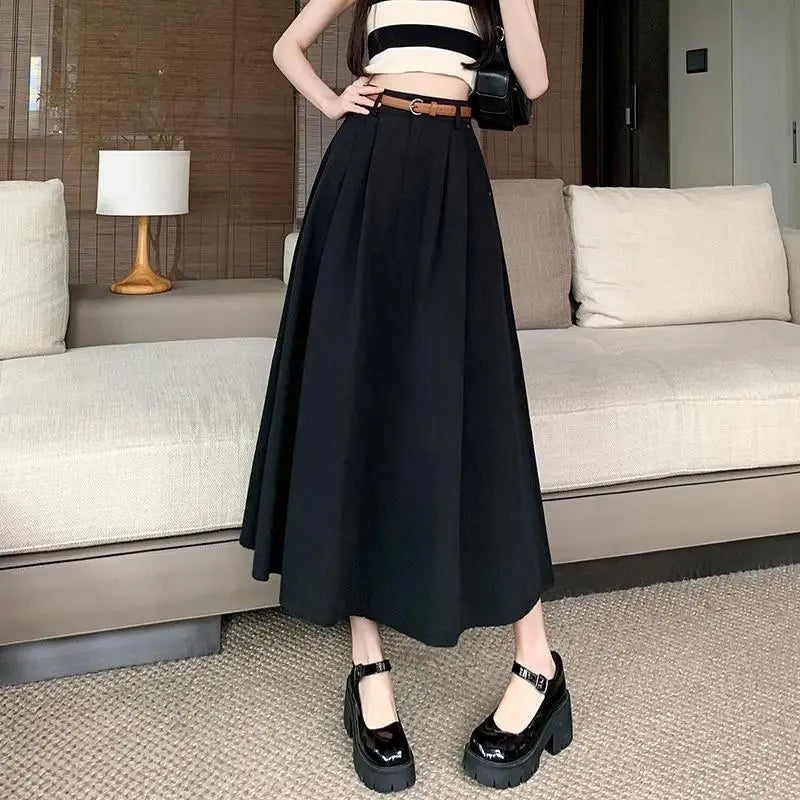 French Fashion Women's Black Beige Elegant Pleated Long Skirt Spring Summer Khaki High Waist Pocket Skirts Popular Versatile New