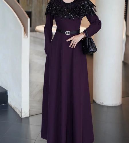 Hit Color Spliced Sequins Elegant Dresses for Women Round Neck Long Sleeves Patchwork Belt Dress Female Clothes New