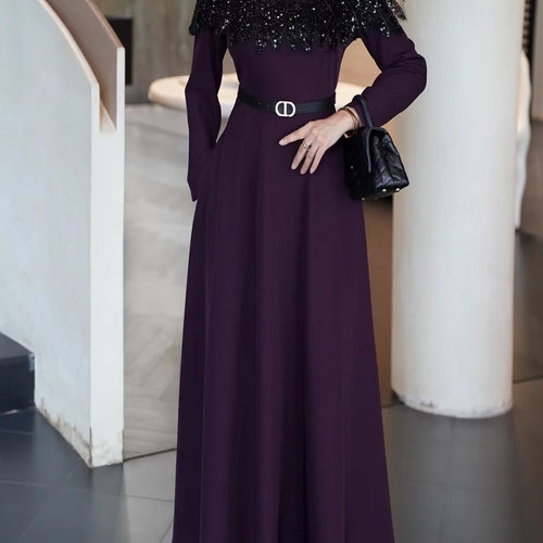 Load image into Gallery viewer, Hit Color Spliced Sequins Elegant Dresses for Women Round Neck Long Sleeves Patchwork Belt Dress Female Clothes New
