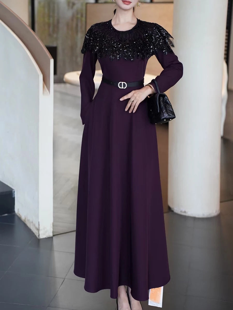 Hit Color Spliced Sequins Elegant Dresses for Women Round Neck Long Sleeves Patchwork Belt Dress Female Clothes New