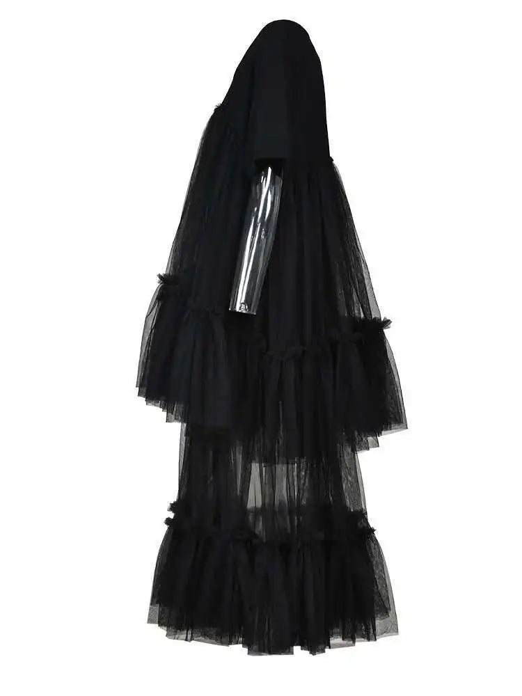 Women Black Layers Mesh Long Big Size Dress New Round Neck Short Sleeve Loose Fit Fashion Tide Spring Summer 2025 16R3054