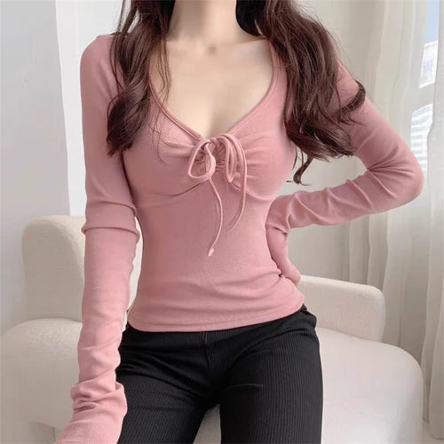 Load image into Gallery viewer, y2k Tops Women Aesthetic Clothing Solid Color V Neck Long Sleeve Cropped T Shirts 2000s Coquette Clothes Streetwear
