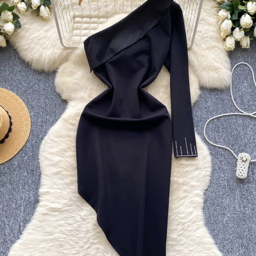 Load image into Gallery viewer, Korean Autumn Black Elegant Diagonal Collar Irregular Midi Dress Women Off Shoulder Long Sleeves Festival Sundress Fashion Trend
